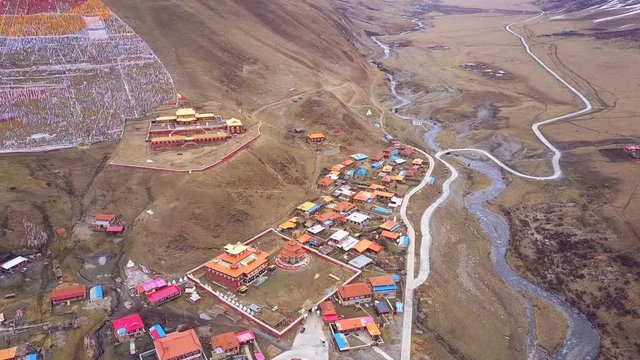 Aerial view of tibetan monastery in Sichuan, China