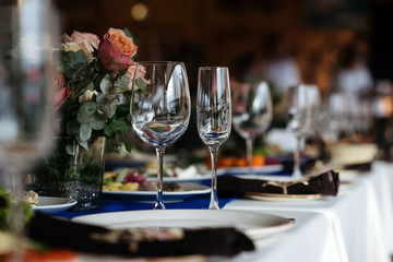 Close up picture of empty glasses in restaurant. Selective focus.