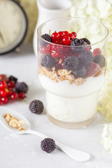 Healthy light breakfast: parfait with muesli, berries and yogurt.