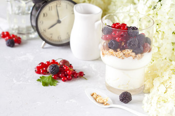 Healthy light breakfast: parfait with muesli, berries and yogurt.