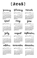 Hand-drawn Calendar Template for 2018 Year. Week Starts on Monday.