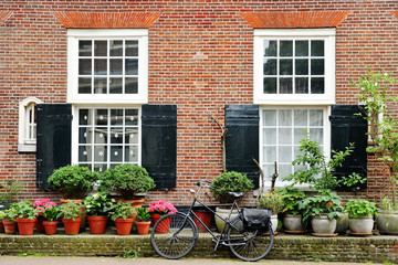 Building facade and bicycle nice view in Amsterdam, Holland