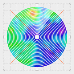 Modern decorative technical vector illustration. Visual thermal navigation system. Colorful round heatmap. Image of working radar. Vivid scientific background. Element of design. - 166954878