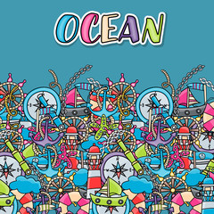 Marine doodle elements, hand drawn style. Ocean vector illustration background with nautical theme objects.