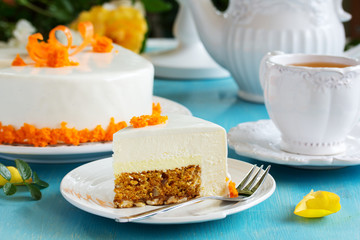 carrot cake with pecans, honey mousse, glazed.
