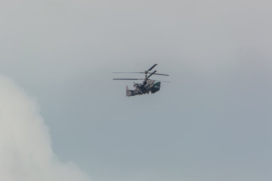 Russia, Saint-Petersburg, July 30, 2017 - celebration of the Navy combat helicopter the ka-50 over the city.