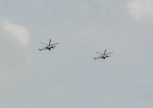 Russia, Saint-Petersburg, July 30, 2017 - feast of the Navy, two combat ka-50 over the city.
