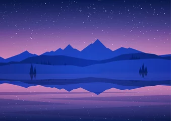Wall murals pruning Vector illustration: Night Mountains Lake landscape with pine, stars and reflection.