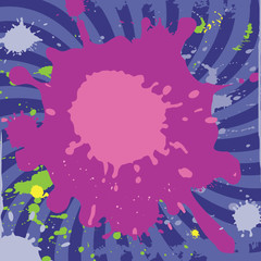 Violet background with pink, green, blue and yellow ink splashes. Vector illustration.