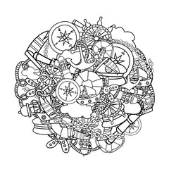 Marine doodle outline line art elements, hand drawn style. Ocean vector illustration coloring page with nautical theme objects.