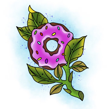 Traditional tattoo rose and donut design. Cartoon illustration, hand drawn style.