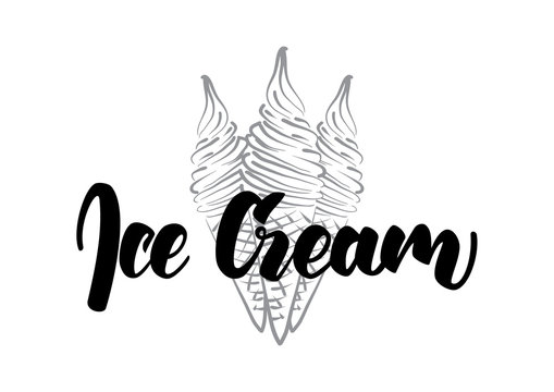 Vector illustration: Handwritten lettering of Ice Cream with Hand drawn cone. Sketch line design.