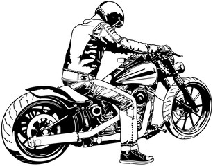 Obraz premium Harley Davidson i jeździec - czarno-biały ilustracja, wektor