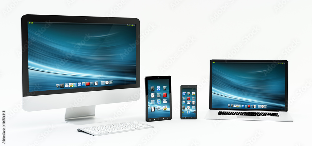 Poster Modern white desk interior with computer and devices 3D rendering