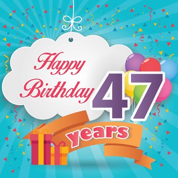 47 th birthday celebration greeting card origami paper art design, birthday party poster background with clouds, balloon, ribbon and gift box full color. forty seven anniversary celebrations