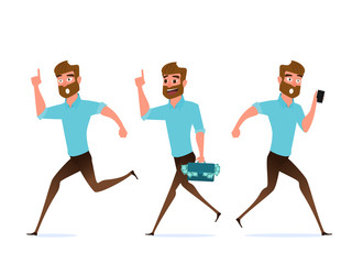 Set of businessman character design. businessman in casual clothes with smart phone and briefcase full of money.
