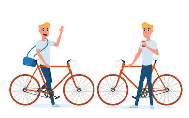Set of young man character design. Hipster young man with bicycle and coffee.