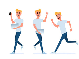 Set of young man character design. Young man with smart phone and laptop. Technology concept.