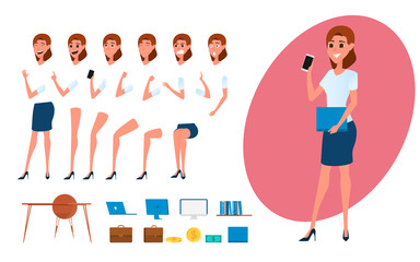 Business woman character creation set for animation. Parts body template. Different emotions, poses and  running, walking, standing, sitting.