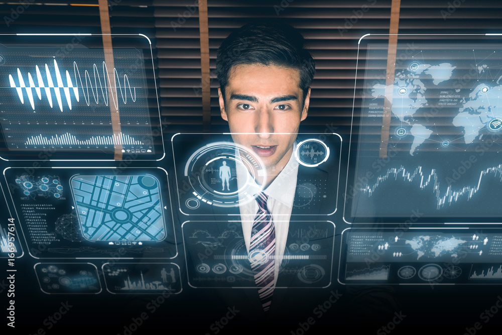 Poster young asian business person and graphical user interface(gui).
