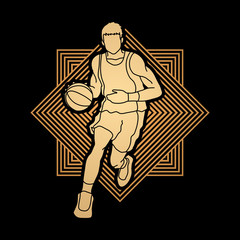 Basketball player running front view designed on luxury geometric pattern graphic vector