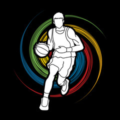 Basketball player running front view designed on spin wheel background graphic vector