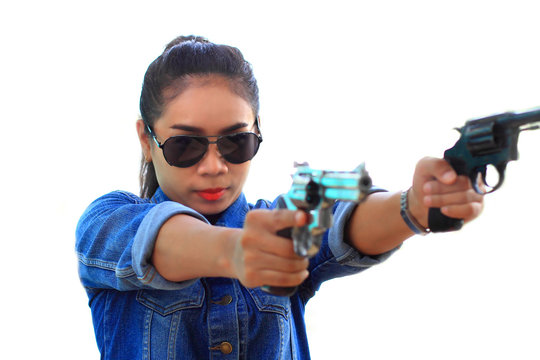 isolated,woman caucasian asian aiming shooting range shot from a revolvers on white background
