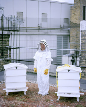 A bee Keeper stands among the rooftops of central London 