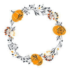 Vector round wreath with floral elements. Illustration with place for text,  can be used  creating card or invitation card. Stylish autumn background.