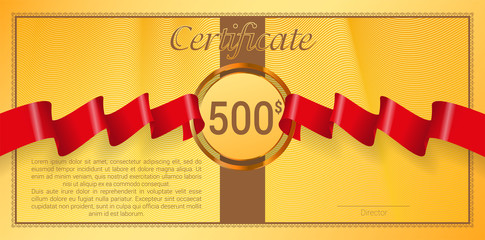 Gift Certificate with red award ribbon. Vector template