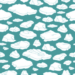 Fototapeta premium Cartoon hand drawn seamless pattern with sea ice. Outline polar drift ice isolated on dark green background. Lots of symbols and elements. Hand-drawn ice's elements of different forms.