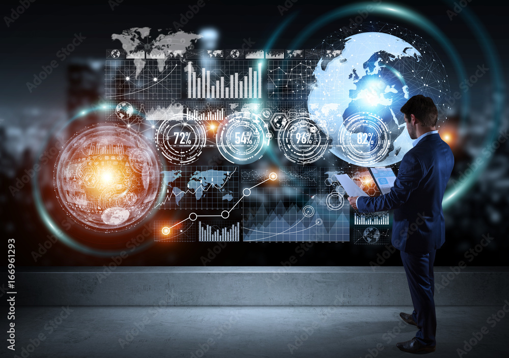 Poster businessman watching graph screens interface on a rooftop 3d rendering