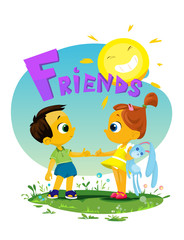 Obraz na płótnie Canvas Digital vector funny comic cartoon girl and boy kid friends with toys holding and shaking by the fingers, happy sun, hand drawn illustration, abstract realistic flat style