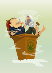 Digital vector funny comic cartoon colored judge smoking cannabis, hand drawn illustration, abstract realistic flat style - obrazy, fototapety, plakaty