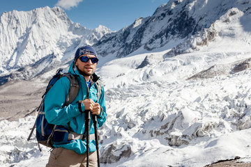 Hiker in highlands of Himalayas on Manaslu circuit