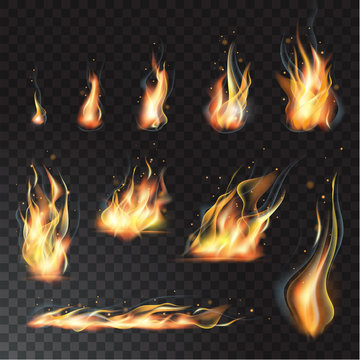 Vector isolated set of transparent realistic flame effects. Transparent background