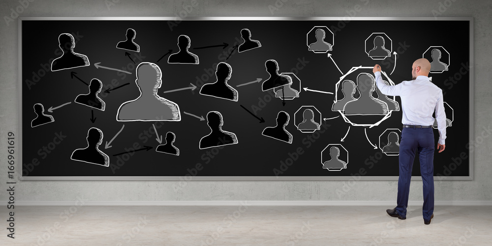 Poster businessman drawing social network sketch on a board 3d rendering