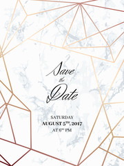 Save the date design template. Invitation to a holiday party. White marble background and rose gold geometric pattern. Dimensions 4,625x6,25 inch, 0.125 bleed size. Seamless pattern included. Eps10.