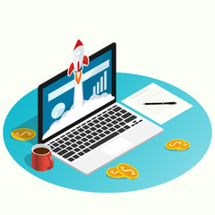 isometric rocket fast start up launch laptop,ecommerce business start up project flat vector