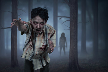 Aggressive asian zombies with wounded face roam