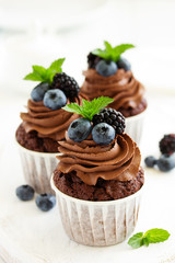 Chocolate cupcakes, with chocolate cream and fresh berries.