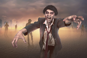 Crowd of scary asian zombies walking around