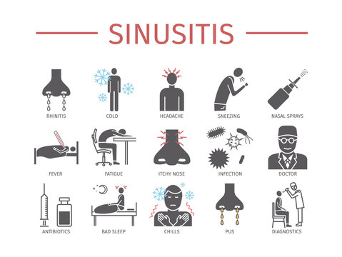 Sinusitis. Symptoms, Treatment. Icons set.