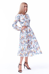 Fashion glamour sexy model beautiful woman pretty face long blond hair skin care perfect body shape white background makeup lady wear long dress style clothes for office party walk celebrity accessory