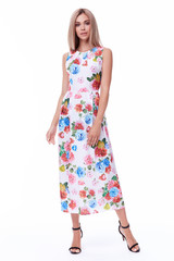 Fashion glamour sexy model beautiful woman pretty face long blond hair skin care perfect body shape white background makeup lady wear long dress style clothes for office party walk celebrity accessory