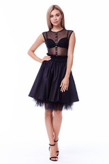 Businesswoman sexy woman pretty face perfect body birthday girl bridesmaid long brunette hair makeup clothes beautiful fashion model wear silk pink short dress for party date office work white.