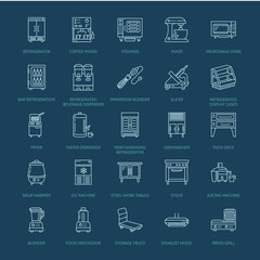 Restaurant professional equipment line icons. Kitchen tools, mixer, blender, fryer, food processor, refrigerator, steamer, microwave oven. Thin linear signs for commercial cooking equipment store.