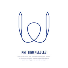 Knit shop line logo. Yarn store flat sign, illustration of circular knitting needles, hand made equipment.