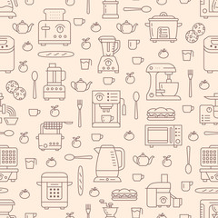 Kitchen utensil, small appliances beige seamless pattern with flat line icons. Background with household cooking tools - blender, mixer, food processor, coffee machine, microwave, toaster. Electronics