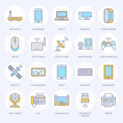 Wireless devices flat line icons. Wifi internet connection technology signs. Router, computer, smartphone, tablet, laptop, printer, satellite. Vector illustration colored sign for electronic store.